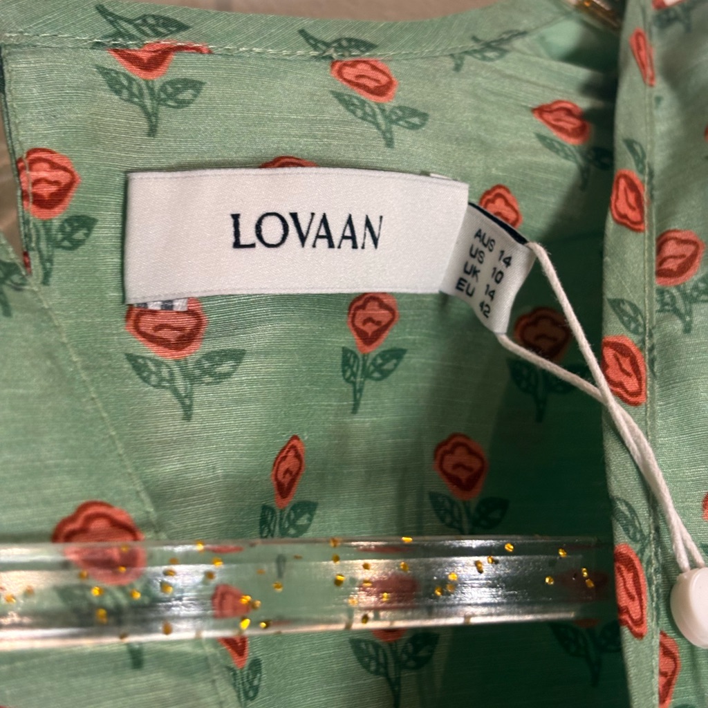 Lovaan Nwt Adeline Mini Puff Sleeve Linen Silk Dress In Green Rosette Size 10 — image 8 of 8